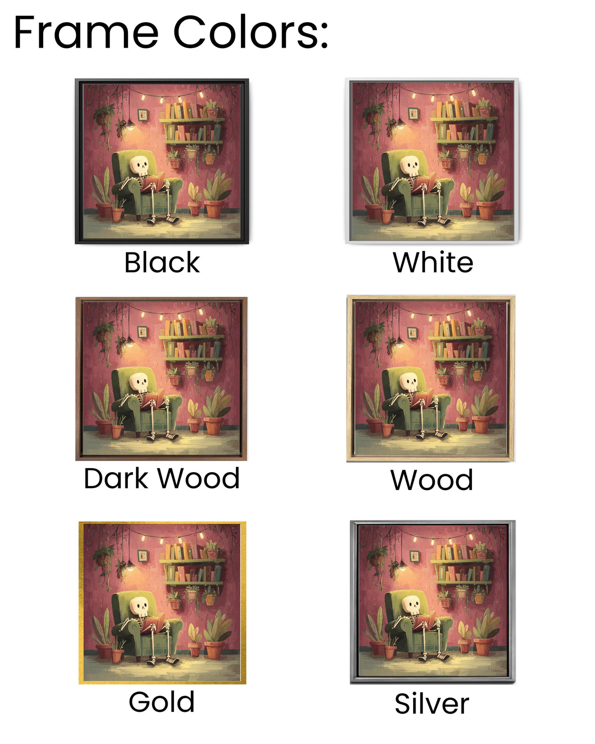 Cozy Skeleton Reading in Armchair Art Print, Whimsical Gothic Wall Art, Cute Pastel Skeleton Poster Canvas