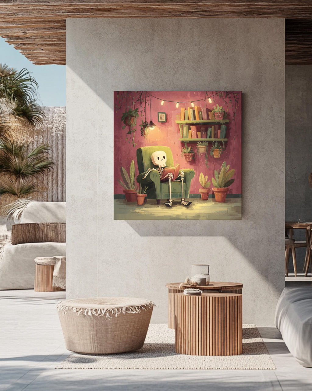 Cozy Skeleton Reading in Armchair Art Print, Whimsical Gothic Wall Art, Cute Pastel Skeleton Poster Canvas