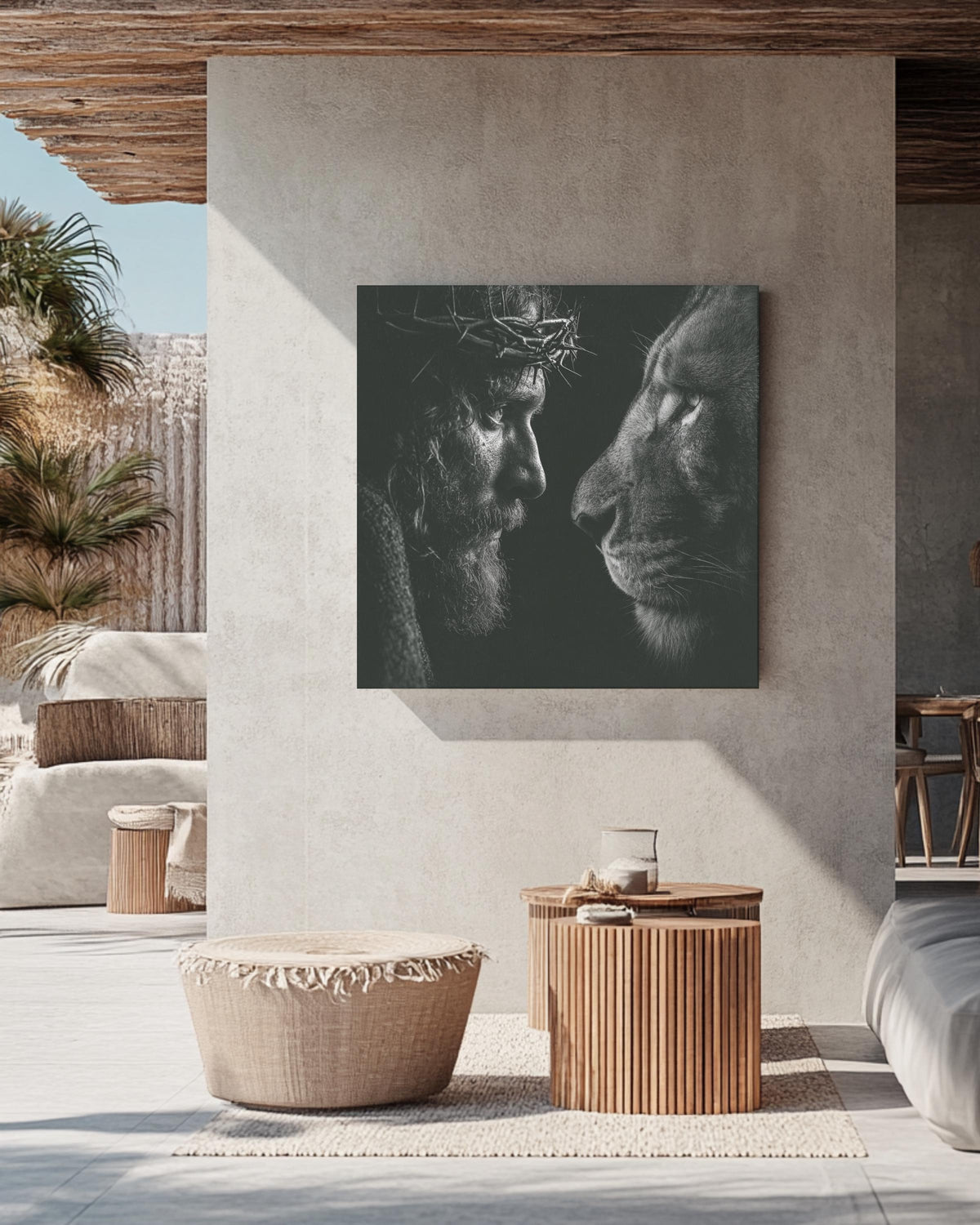 Black and White Jesus and Lion Portrait, Crown of Thorns Realistic Drawing, Spiritual Christian Wall Art, Faith Poster Canvas