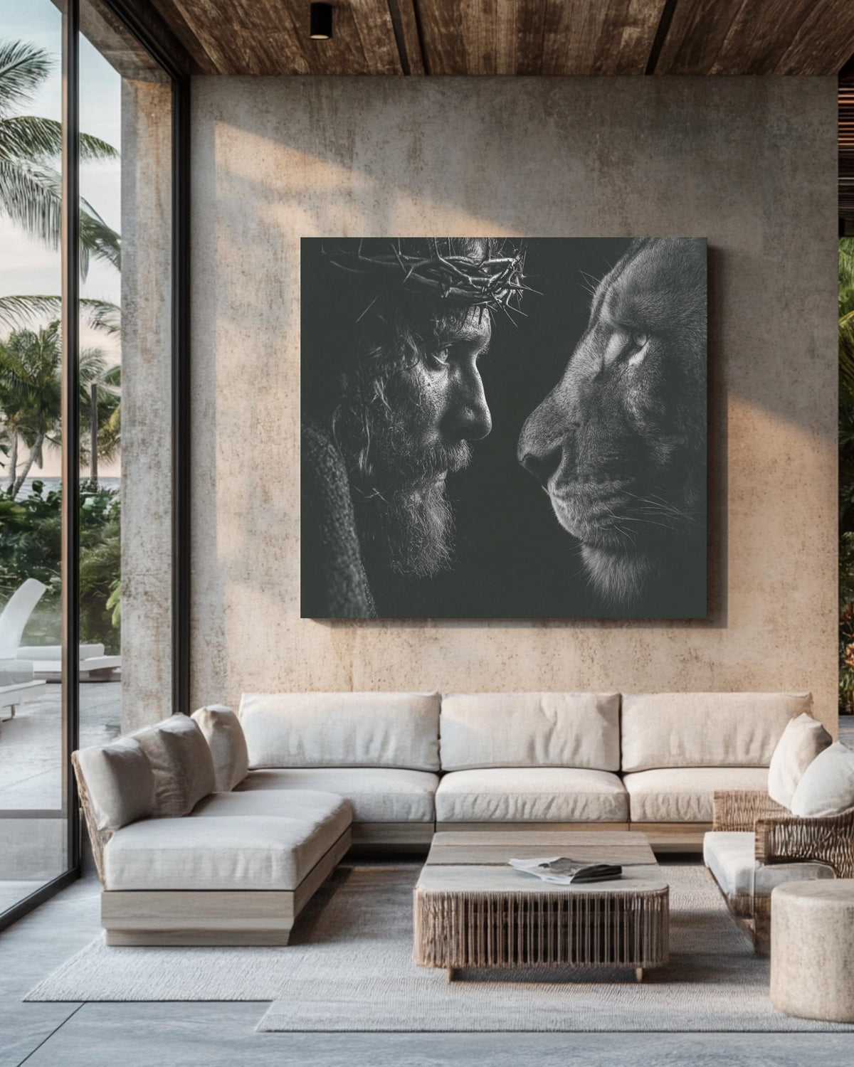 Black and White Jesus and Lion Portrait, Crown of Thorns Realistic Drawing, Spiritual Christian Wall Art, Faith Poster Canvas