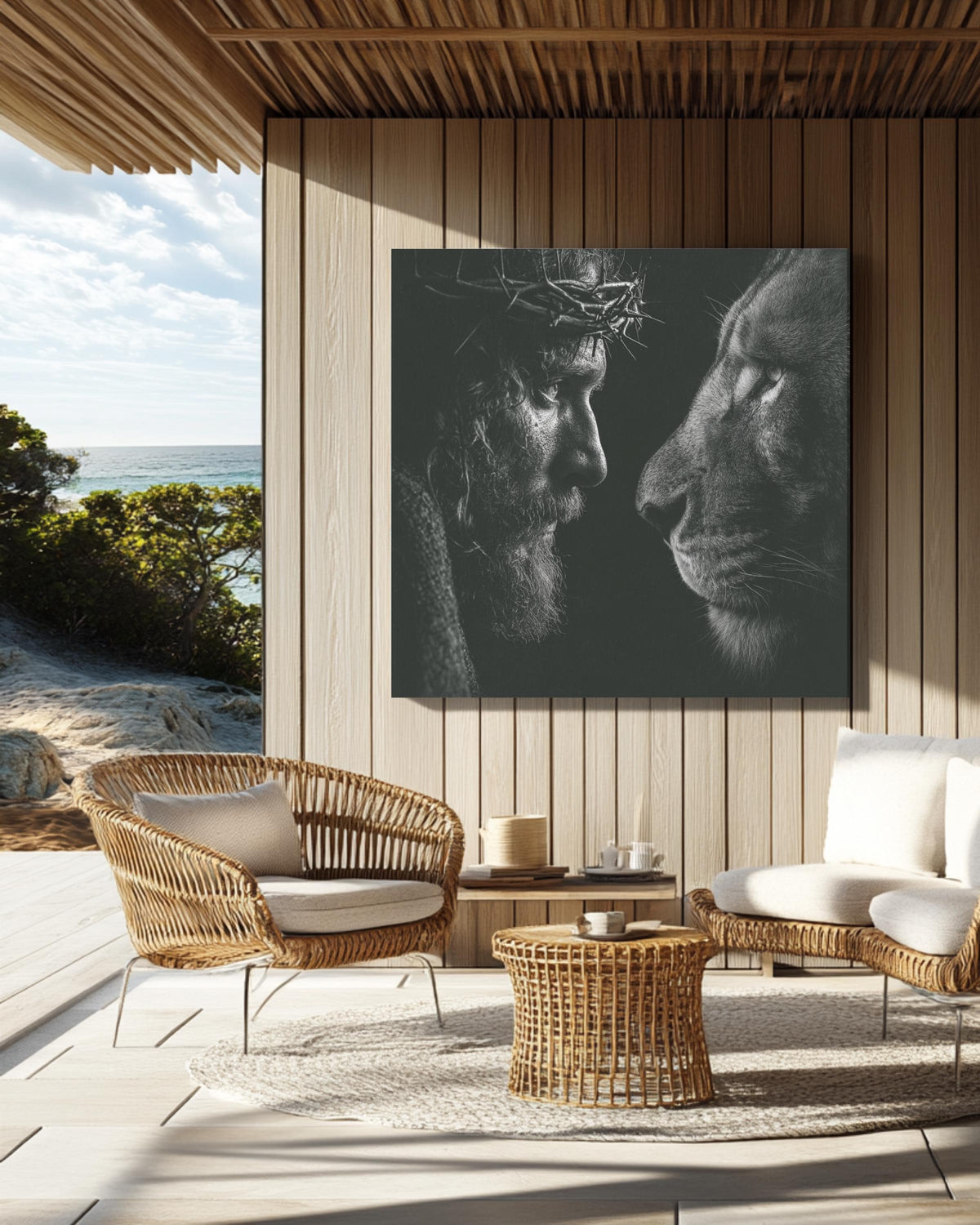 Black and White Jesus and Lion Portrait, Crown of Thorns Realistic Drawing, Spiritual Christian Wall Art, Faith Poster Canvas