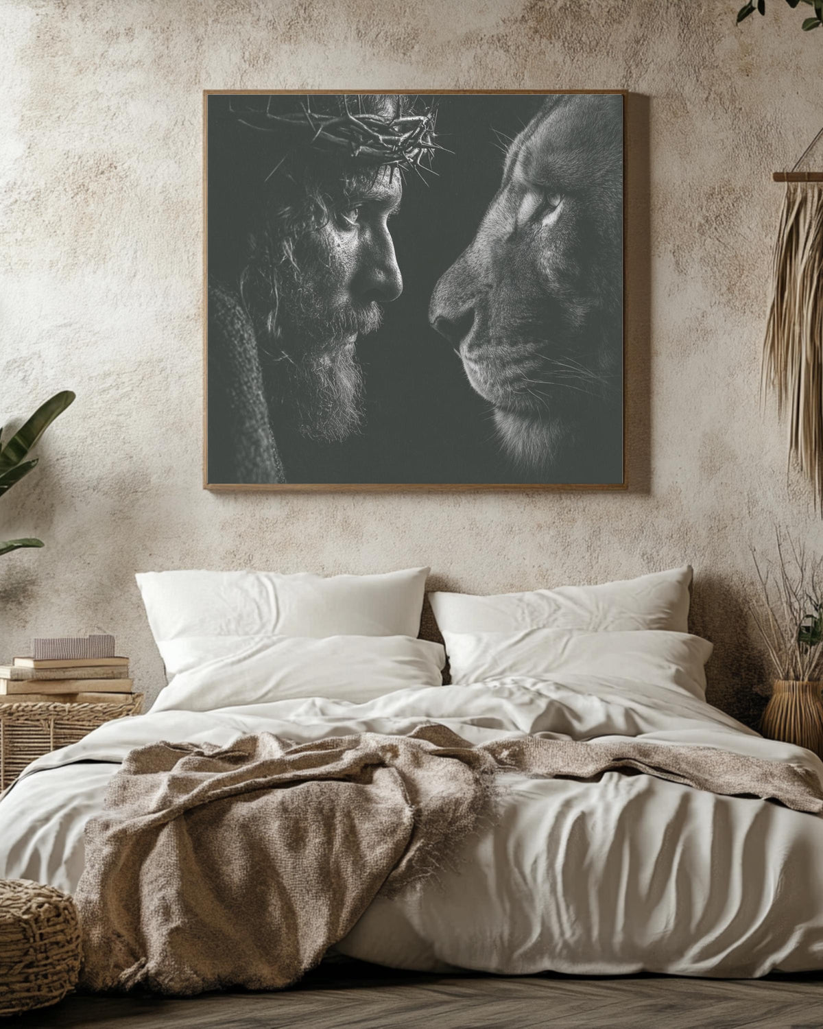 Black and White Jesus and Lion Portrait, Crown of Thorns Realistic Drawing, Spiritual Christian Wall Art, Faith Poster Canvas
