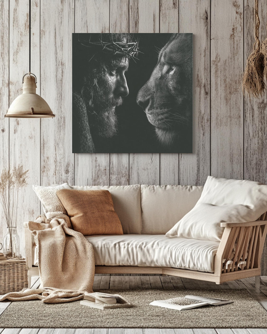 Black and White Jesus and Lion Portrait, Crown of Thorns Realistic Drawing, Spiritual Christian Wall Art, Faith Poster Canvas