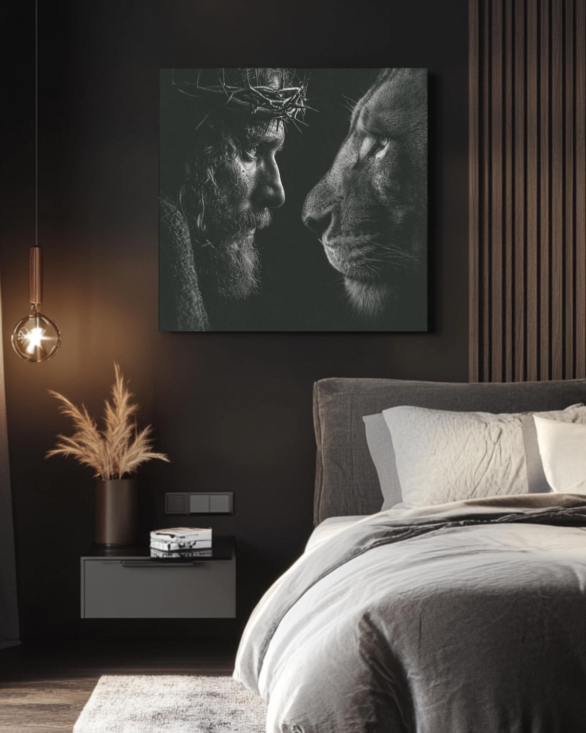 Black and White Jesus and Lion Portrait, Crown of Thorns Realistic Drawing, Spiritual Christian Wall Art, Faith Poster Canvas