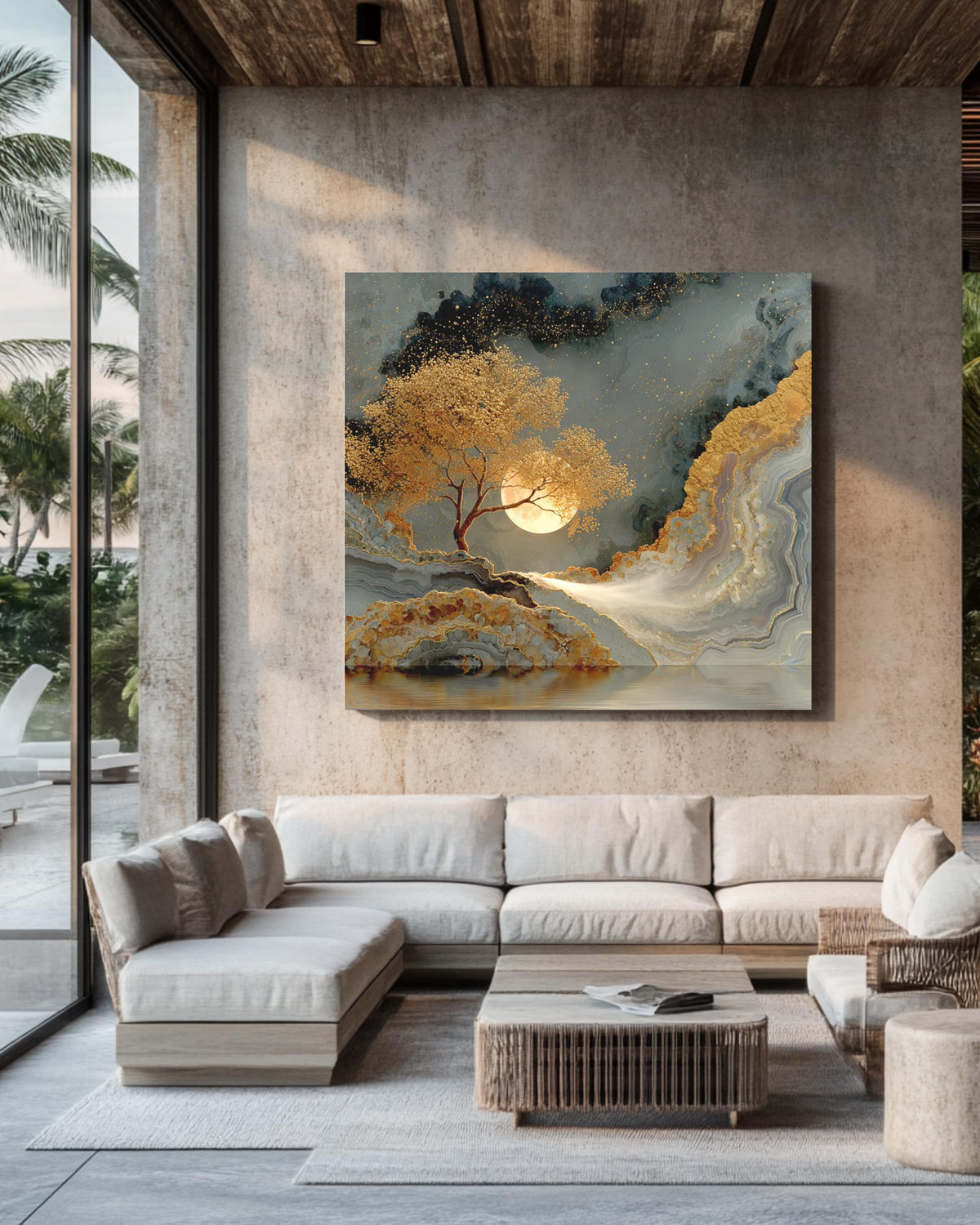 Agate Painting with Golden Tree and Leaves, Luxury Metallic Wall Art, Gold Silver Brown Poster Canvas, Moon Veil Nature Decor