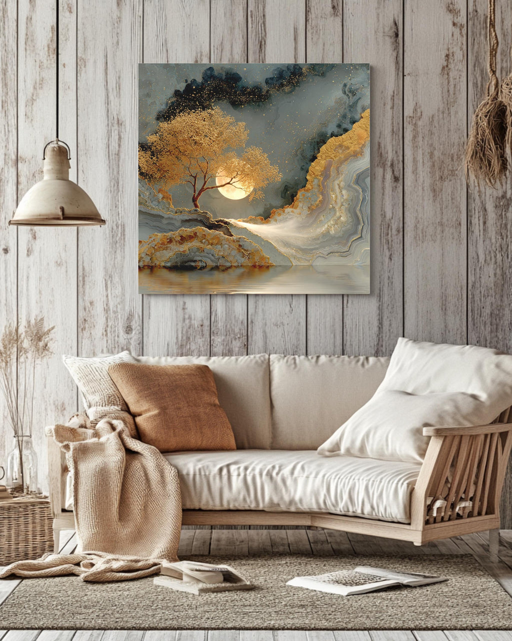 Agate Painting with Golden Tree and Leaves, Luxury Metallic Wall Art, Gold Silver Brown Poster Canvas, Moon Veil Nature Decor