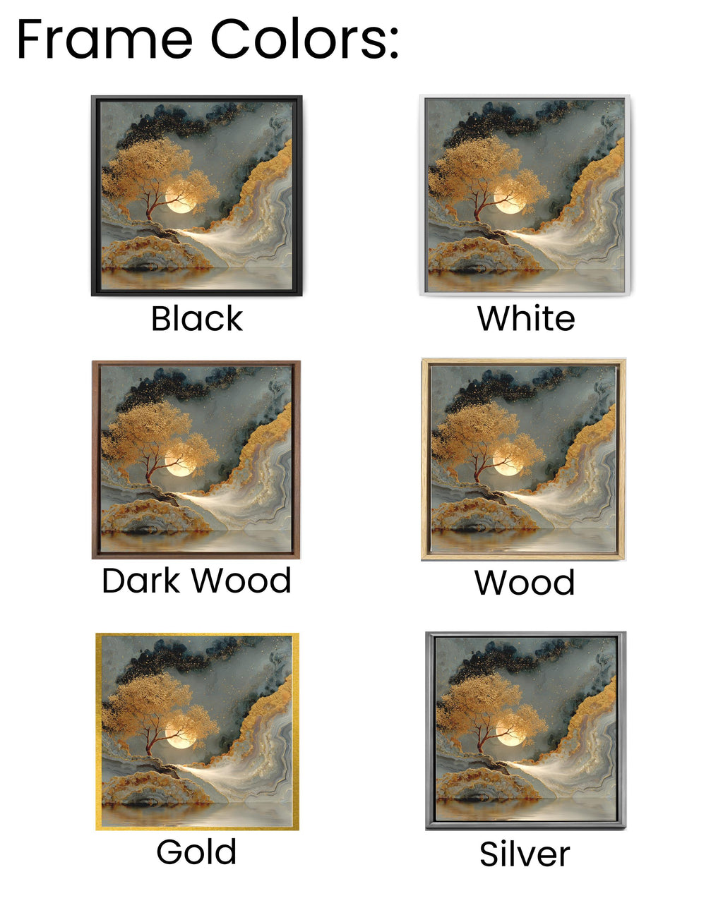 Agate Painting with Golden Tree and Leaves, Luxury Metallic Wall Art, Gold Silver Brown Poster Canvas, Moon Veil Nature Decor
