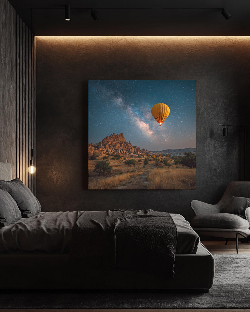 Yellow Hot Air Balloon Floating Over Cappadocia at Night, Magical Realism Photography, Dreamy Romantic Landscape Wall Art Poster Canvas