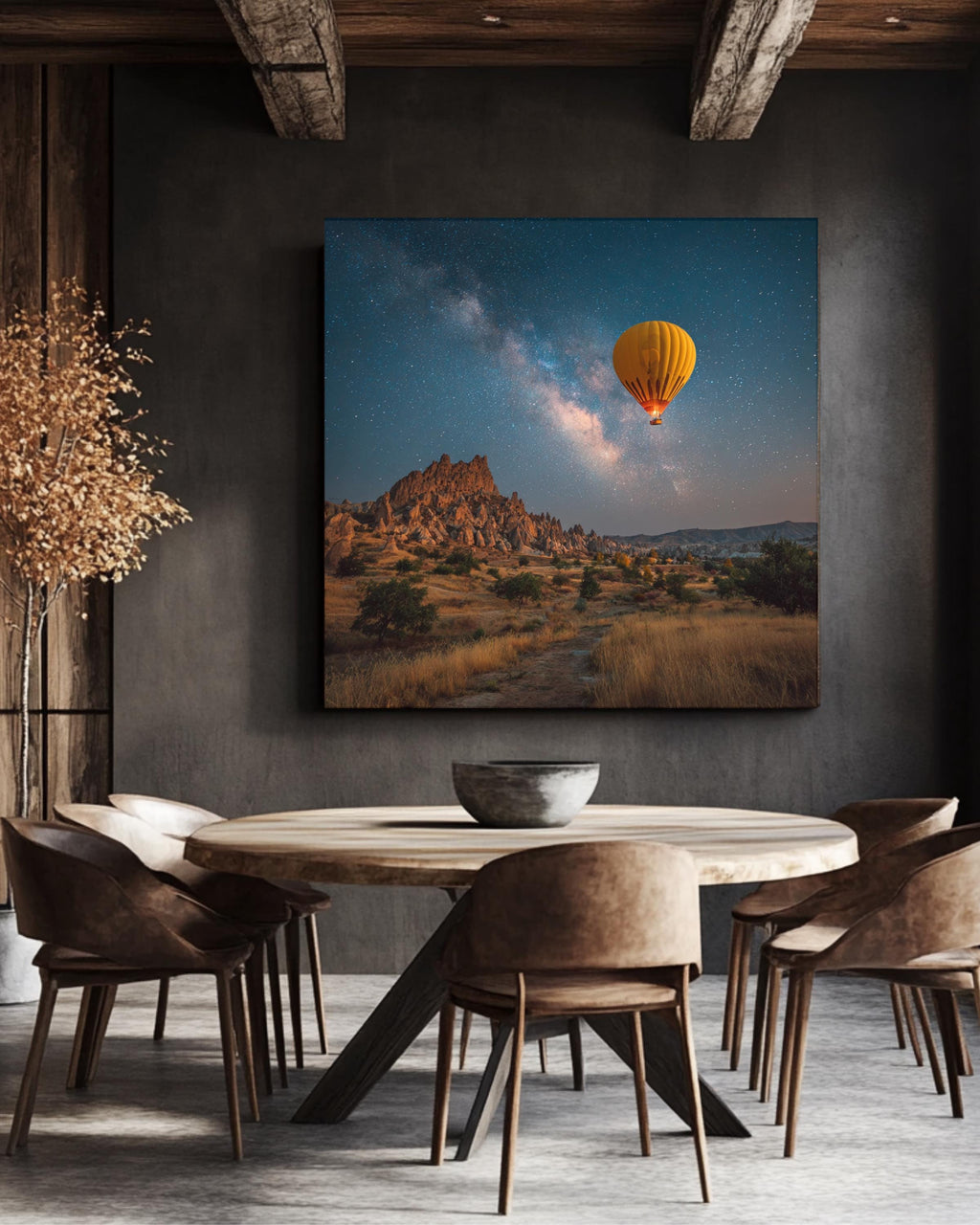 Yellow Hot Air Balloon Floating Over Cappadocia at Night, Magical Realism Photography, Dreamy Romantic Landscape Wall Art Poster Canvas