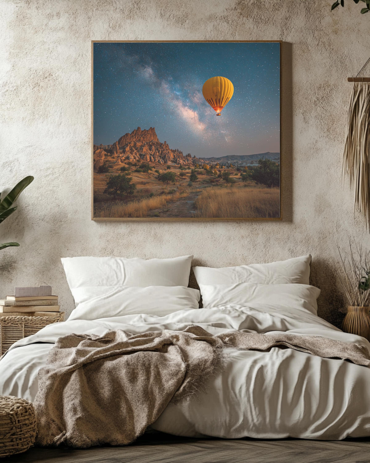 Yellow Hot Air Balloon Floating Over Cappadocia at Night, Magical Realism Photography, Dreamy Romantic Landscape Wall Art Poster Canvas