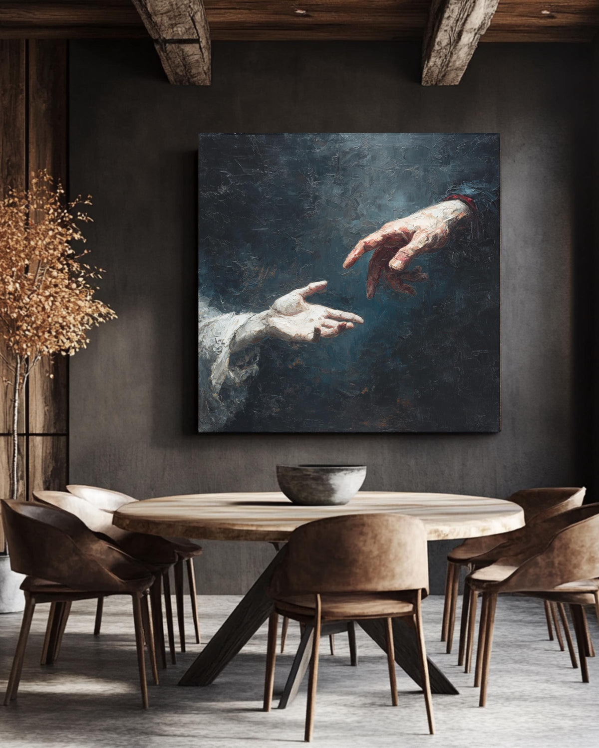 Two Hands Reaching Towards Each Other Oil Painting, Dramatic Figurative Artwork, Emotional and Expressive Wall Art Poster Canvas