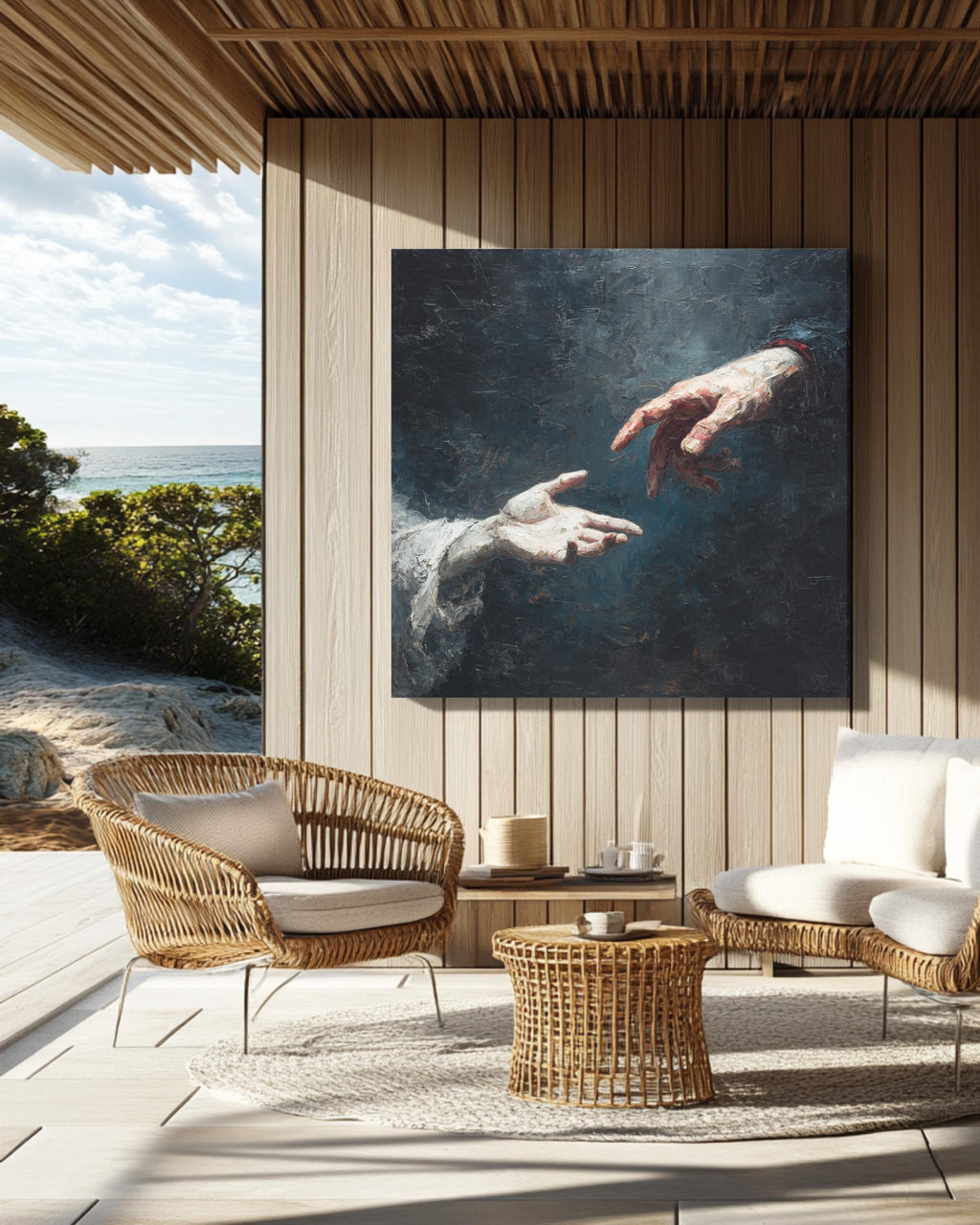 Two Hands Reaching Towards Each Other Oil Painting, Dramatic Figurative Artwork, Emotional and Expressive Wall Art Poster Canvas