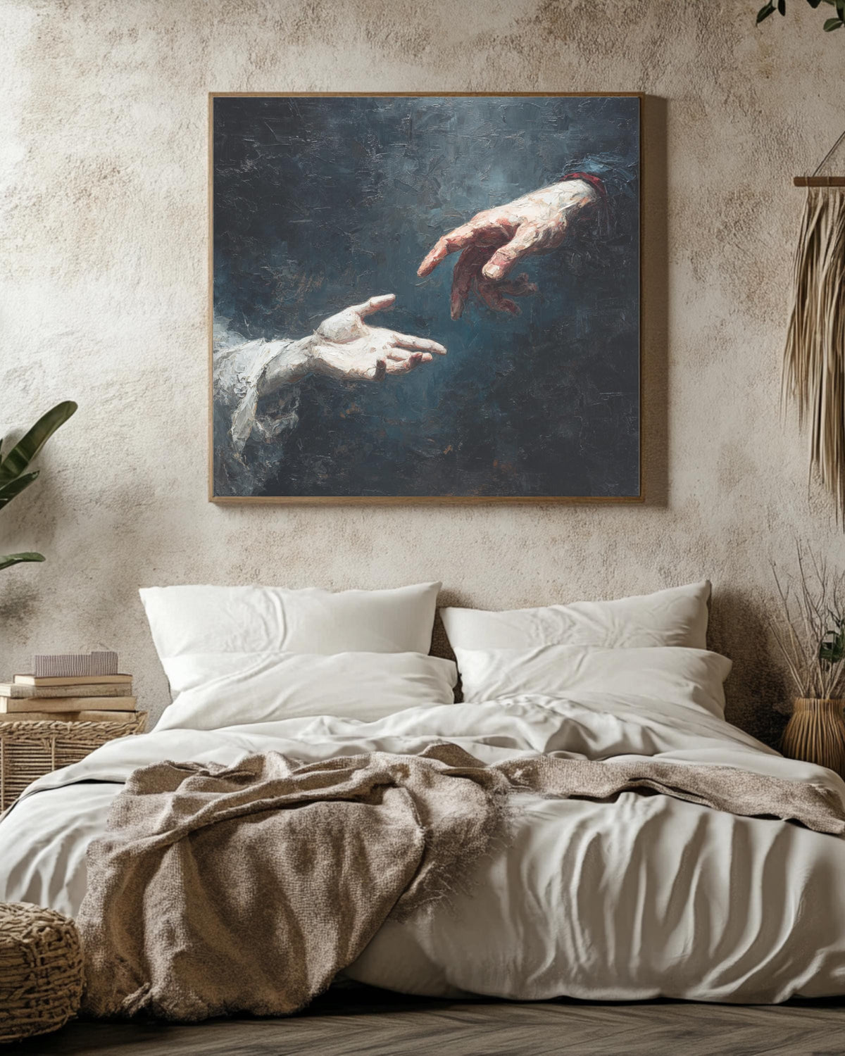 Two Hands Reaching Towards Each Other Oil Painting, Dramatic Figurative Artwork, Emotional and Expressive Wall Art Poster Canvas