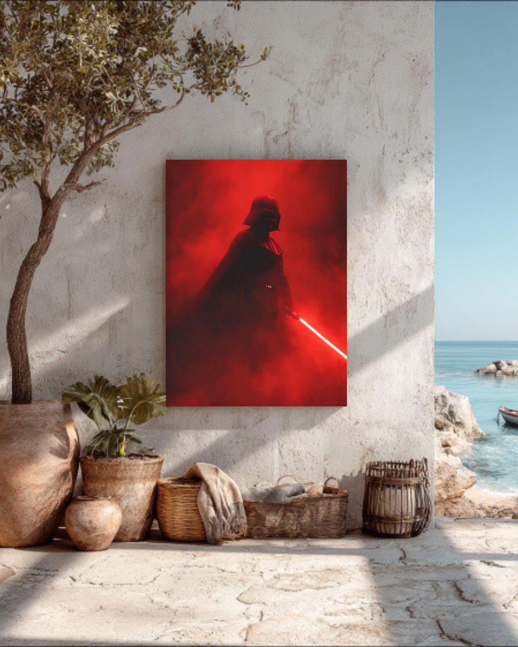 Darth Vader with Red Lightsaber Poster, Foggy Dark Background, Low Lighting Star Wars Artwork, Dramatic Sci-Fi Wall Art Canvas