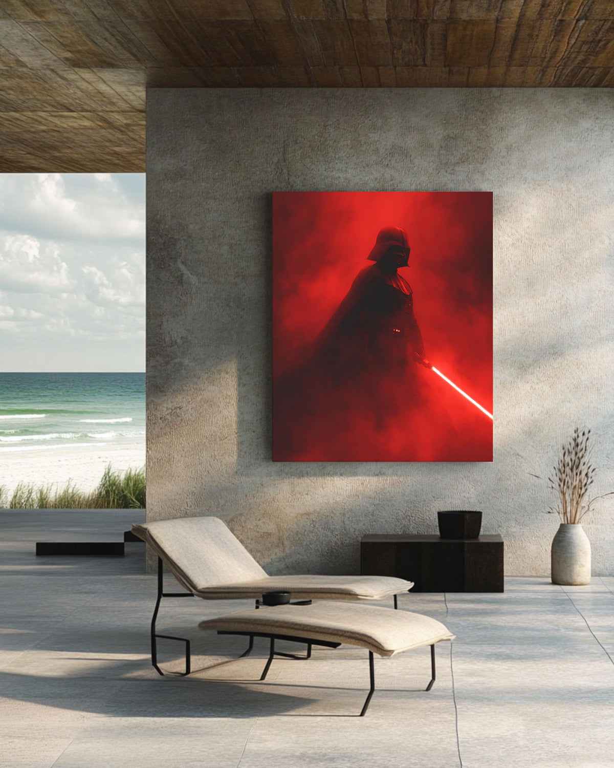 Darth Vader with Red Lightsaber Poster, Foggy Dark Background, Low Lighting Star Wars Artwork, Dramatic Sci-Fi Wall Art Canvas