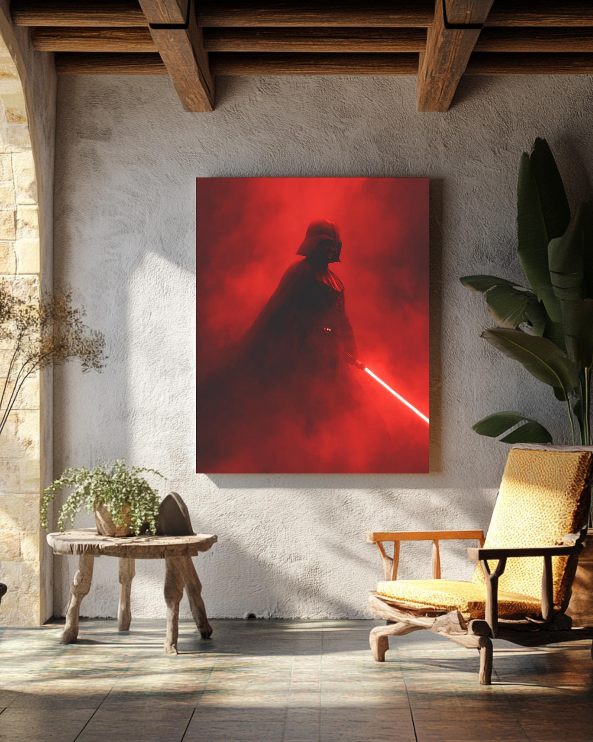 Darth Vader with Red Lightsaber Poster, Foggy Dark Background, Low Lighting Star Wars Artwork, Dramatic Sci-Fi Wall Art Canvas