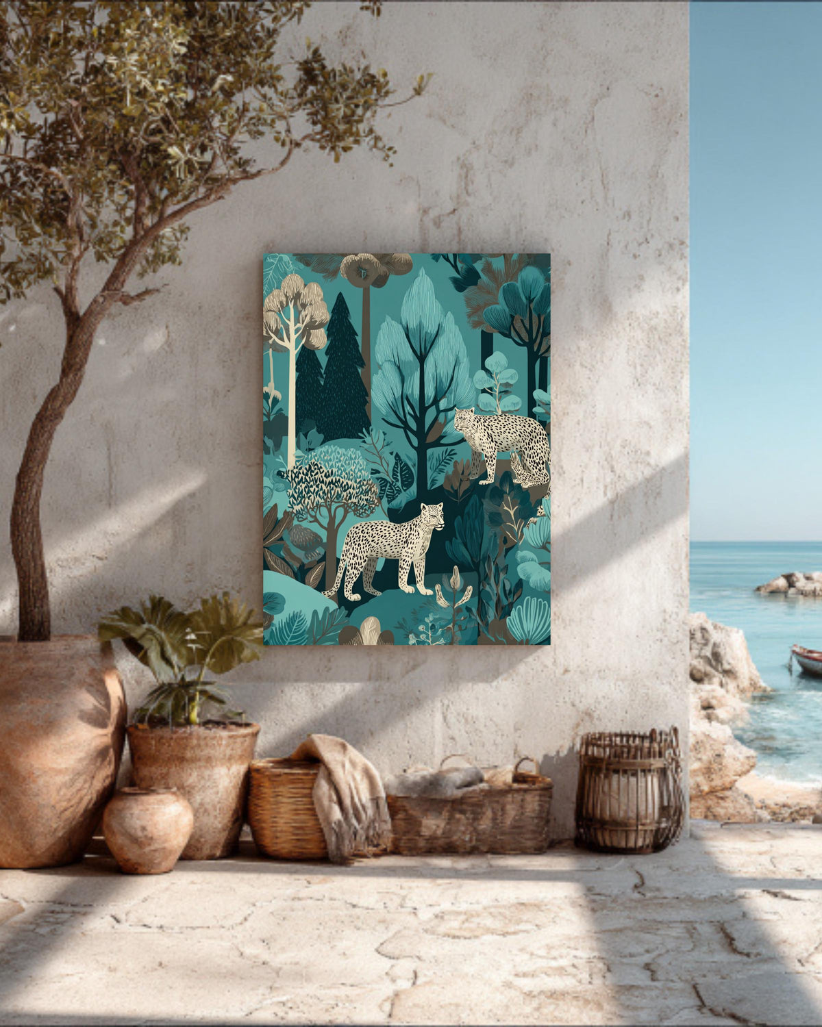 Teal Jungle Leopard Pattern Wall Art, Exotic Foliage and Trees Illustration, John Kaczynski & Mary Blair Inspired Poster Canvas