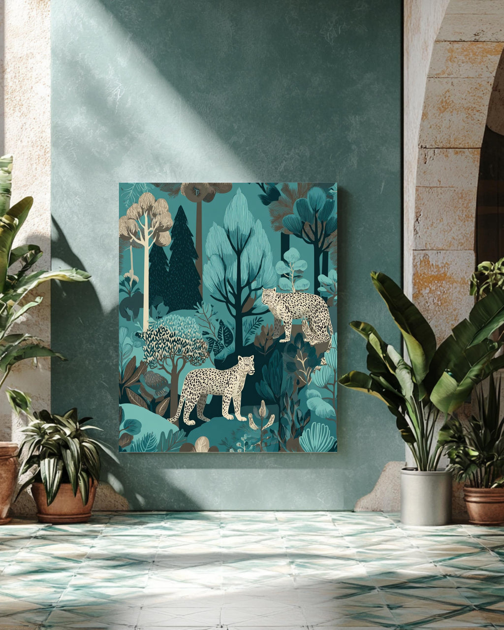 Teal Jungle Leopard Pattern Wall Art, Exotic Foliage and Trees Illustration, John Kaczynski & Mary Blair Inspired Poster Canvas