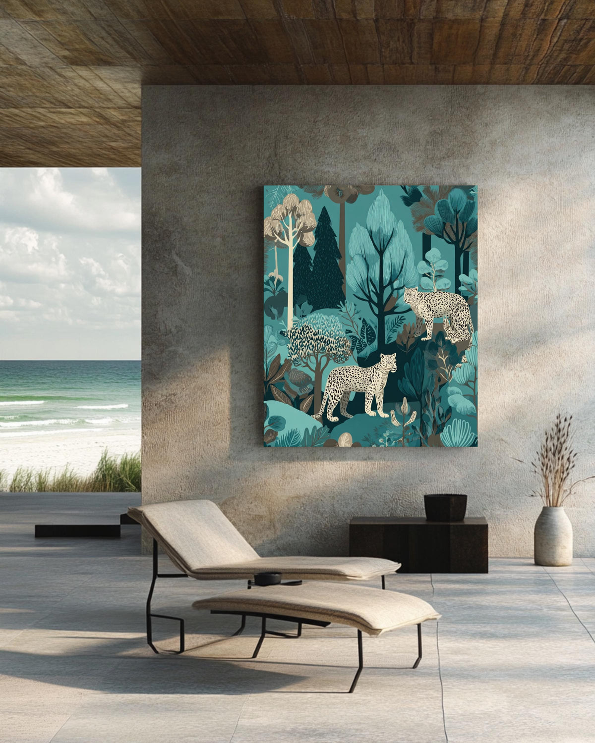 Teal Jungle Leopard Pattern Wall Art, Exotic Foliage and Trees Illustration, John Kaczynski & Mary Blair Inspired Poster Canvas