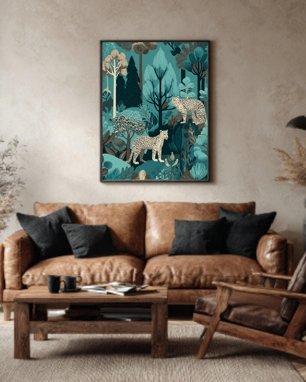 Teal Jungle Leopard Pattern Wall Art, Exotic Foliage and Trees Illustration, John Kaczynski & Mary Blair Inspired Poster Canvas