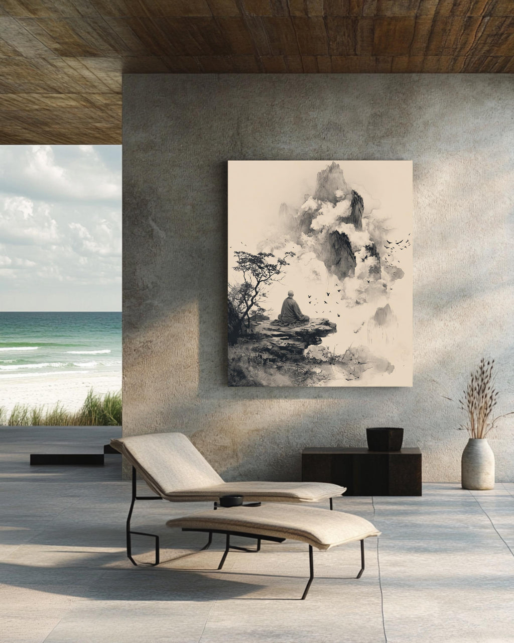 Buddhist Monk Meditating on Ancient Mountain, Muted Black Wall Art Poster Canvas, Zen Spiritual Home Décor