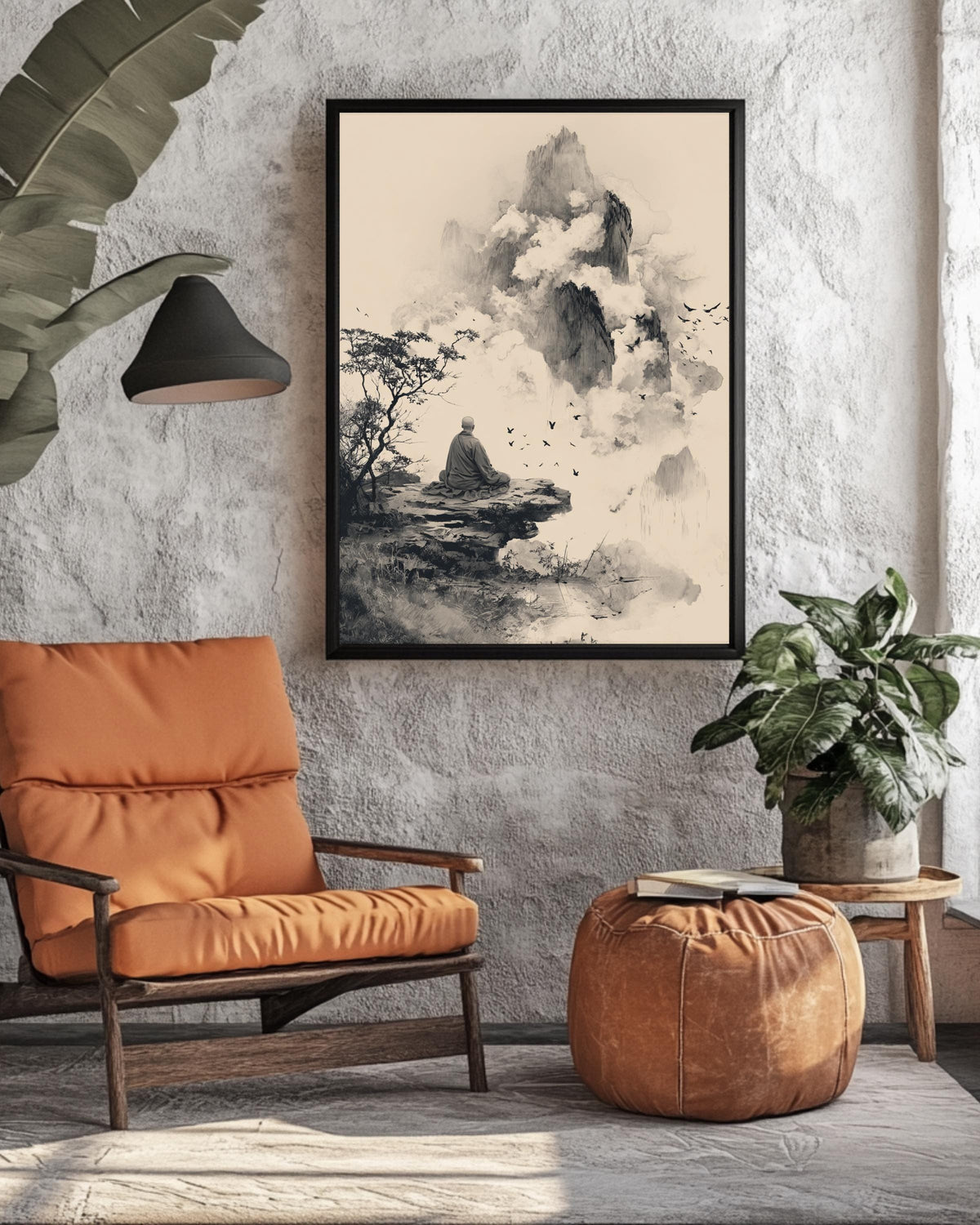 Buddhist Monk Meditating on Ancient Mountain, Muted Black Wall Art Poster Canvas, Zen Spiritual Home Décor