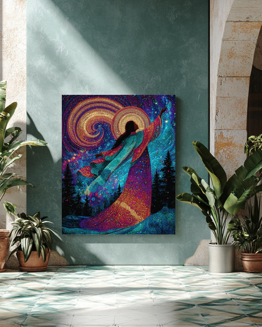 Colorful Celestial Goddess in Night Sky, Surrounded by Trees and Stars, Enchanting Cosmic Scene, Magical Fantasy Wall Art Poster Canvas