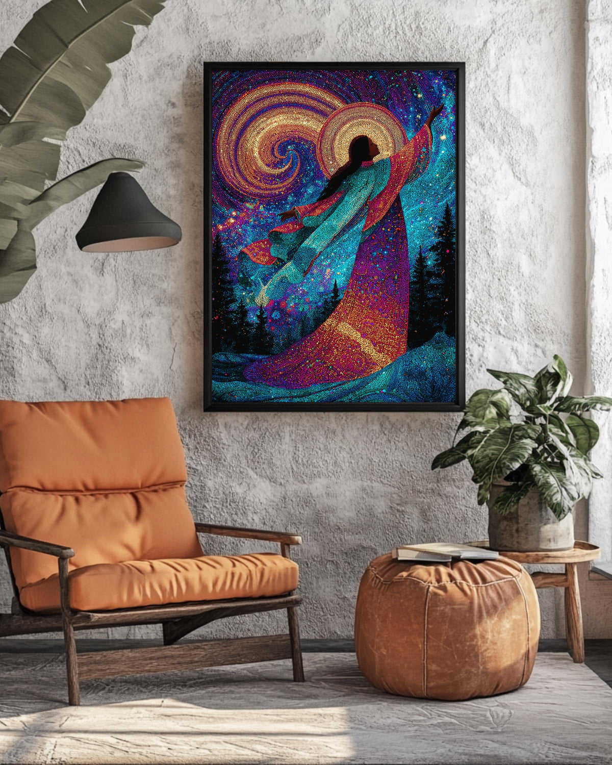 Colorful Celestial Goddess in Night Sky, Surrounded by Trees and Stars, Enchanting Cosmic Scene, Magical Fantasy Wall Art Poster Canvas