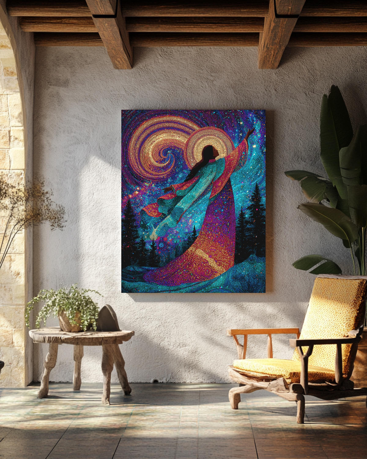 Colorful Celestial Goddess in Night Sky, Surrounded by Trees and Stars, Enchanting Cosmic Scene, Magical Fantasy Wall Art Poster Canvas