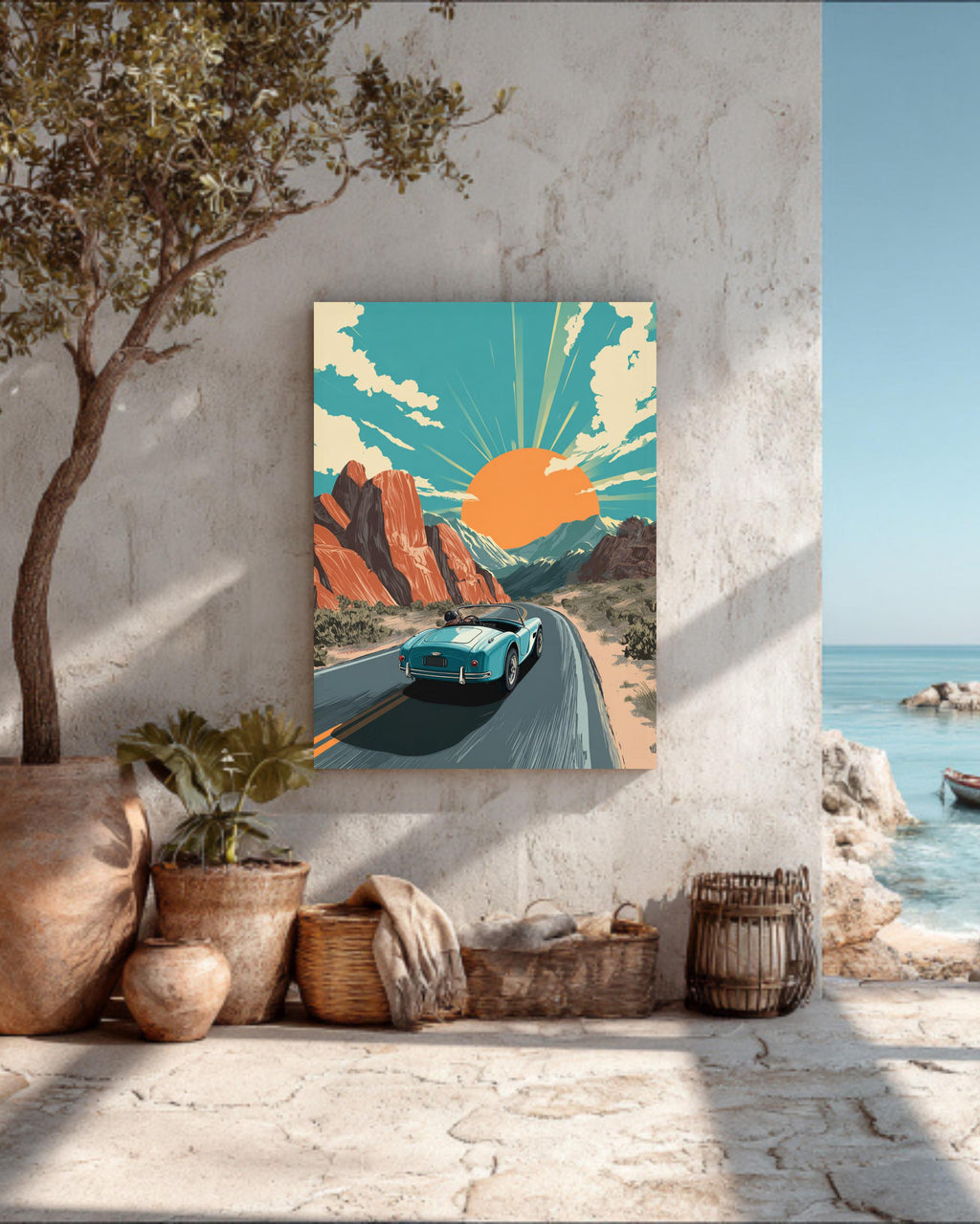 Retro Desert Road Trip Classic Car Poster  Vintage Vector Illustration, Sunset Mountains, Bold Lines, Flat Design Art Print