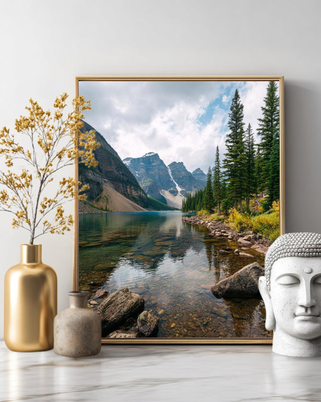 Serene Mountain Lake Reflection Poster  Tranquil Nature Landscape with Calm Water, Cloudy Sky, Majestic Peaks