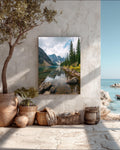 Serene Mountain Lake Reflection Poster  Tranquil Nature Landscape with Calm Water, Cloudy Sky, Majestic Peaks