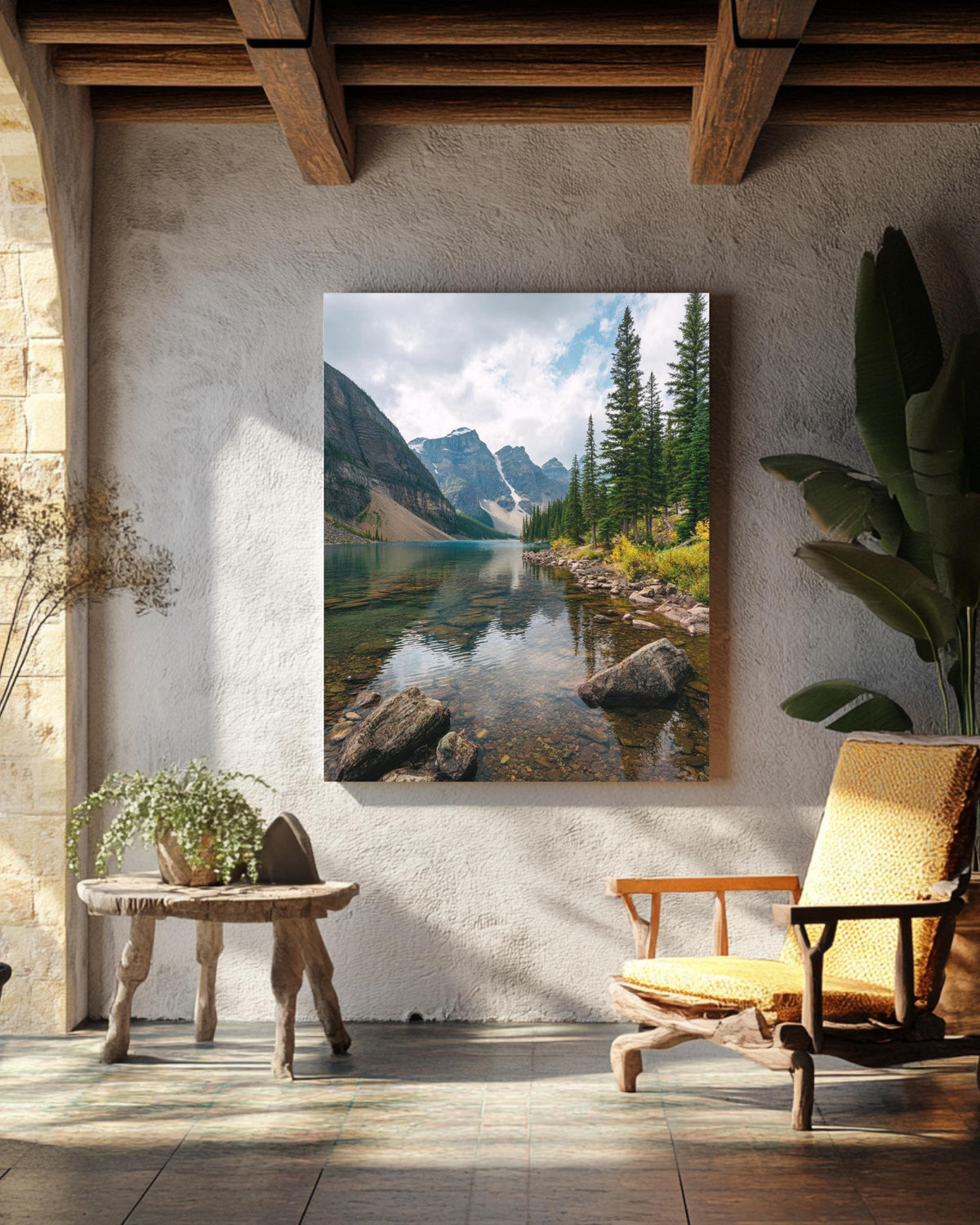 Serene Mountain Lake Reflection Poster  Tranquil Nature Landscape with Calm Water, Cloudy Sky, Majestic Peaks