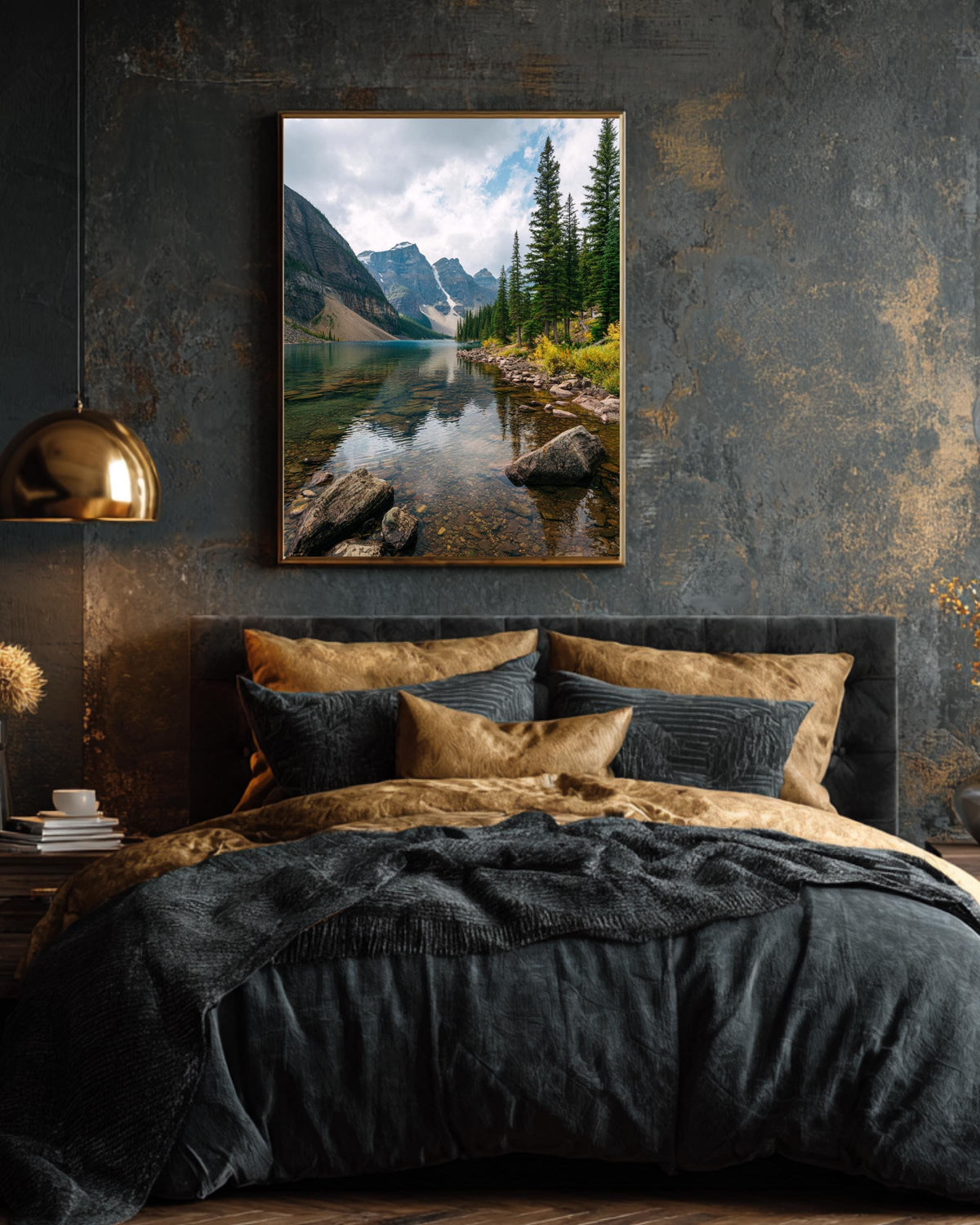 Serene Mountain Lake Reflection Poster  Tranquil Nature Landscape with Calm Water, Cloudy Sky, Majestic Peaks
