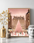 Parisian Christmas Illustration  Light Pink & Beige Childrens Book Style Artwork of Snowy City Square and Chic Holiday Street Scene