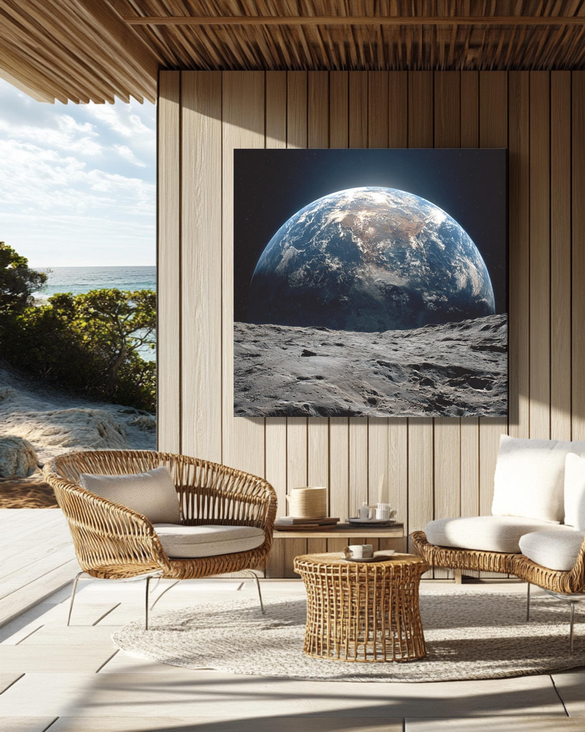 Earth Rising Over Moon Surface Wall Art, Stunning Space View Poster, Astronaut Perspective Canvas, Cosmic Planet Home Decor