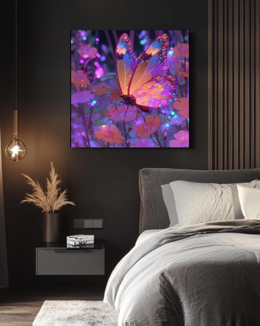 Vibrant Fantasy Butterfly Art on Purple Neon Background, Colorful Cartoon Aesthetic Poster, Whimsical Bright Insect Canvas