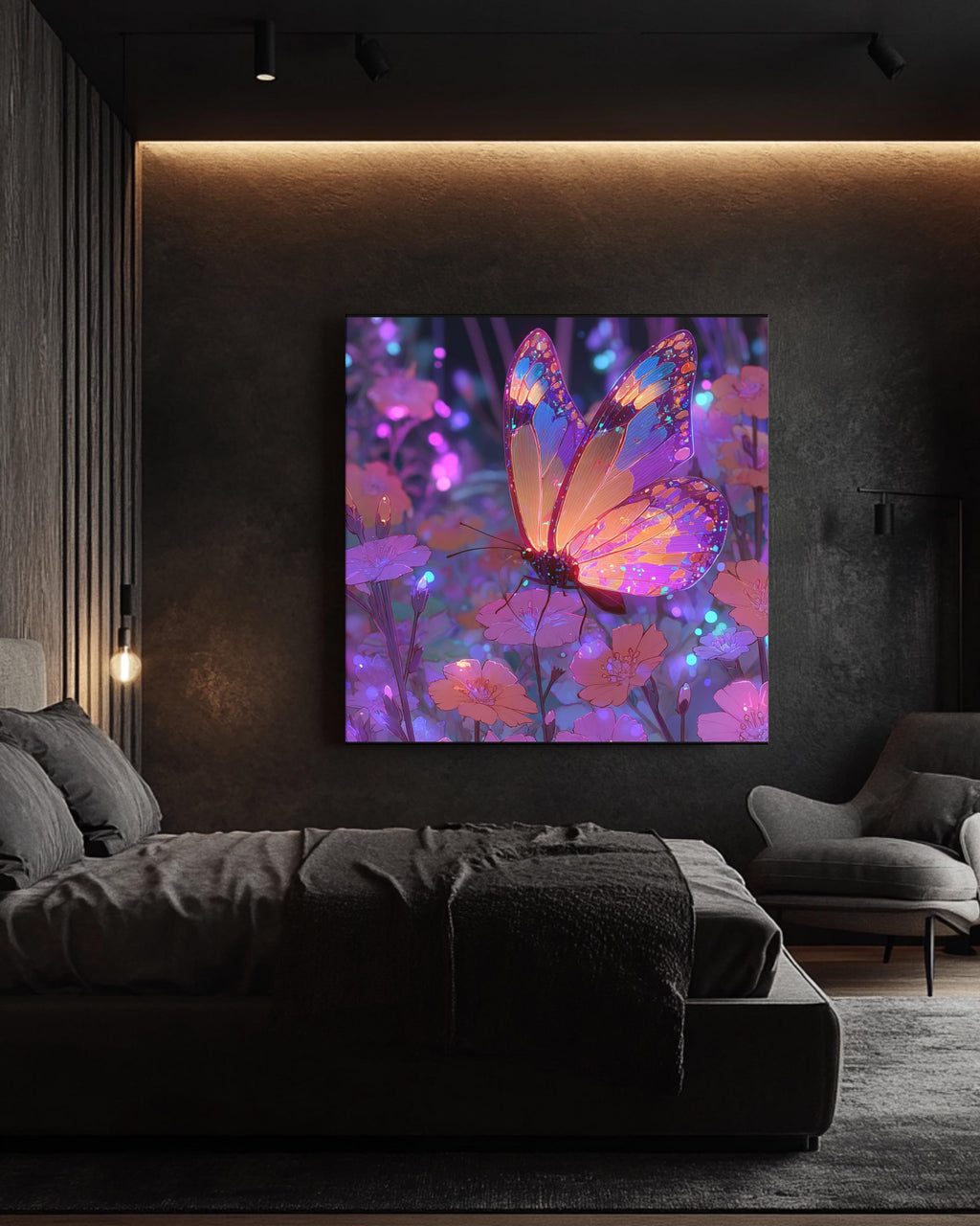 Vibrant Fantasy Butterfly Art on Purple Neon Background, Colorful Cartoon Aesthetic Poster, Whimsical Bright Insect Canvas