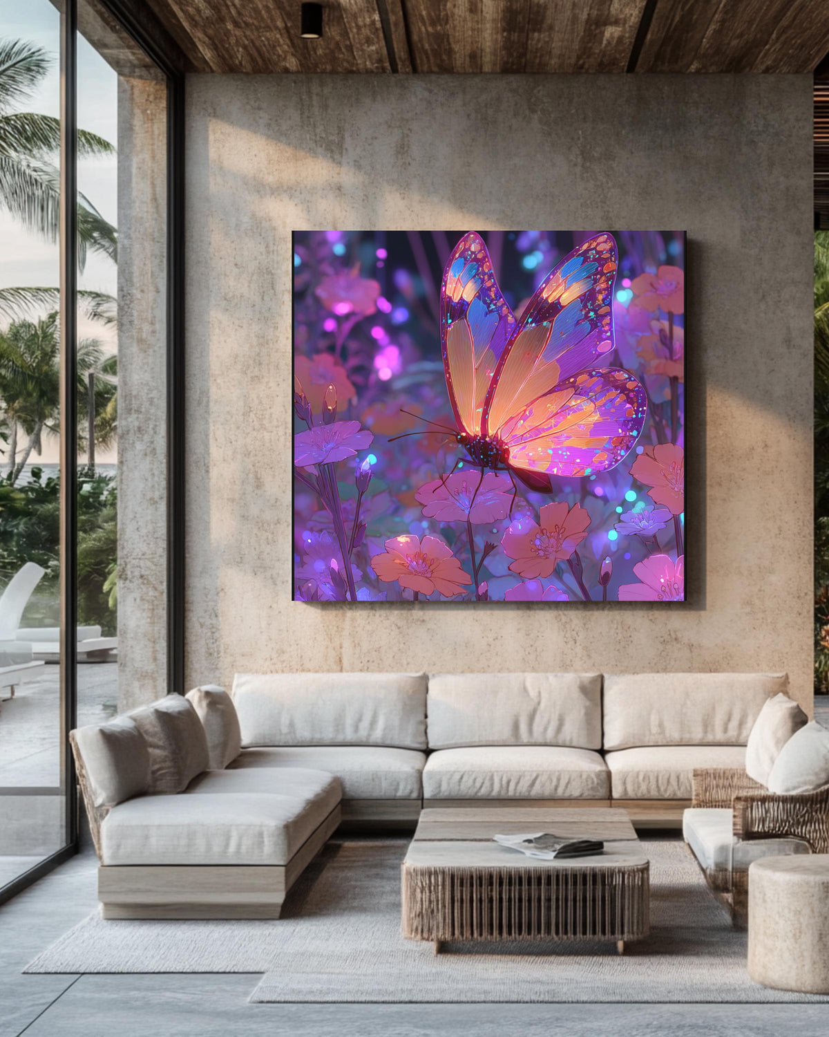 Vibrant Fantasy Butterfly Art on Purple Neon Background, Colorful Cartoon Aesthetic Poster, Whimsical Bright Insect Canvas