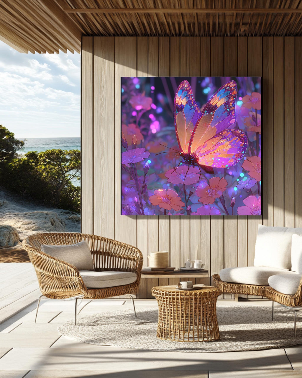 Vibrant Fantasy Butterfly Art on Purple Neon Background, Colorful Cartoon Aesthetic Poster, Whimsical Bright Insect Canvas