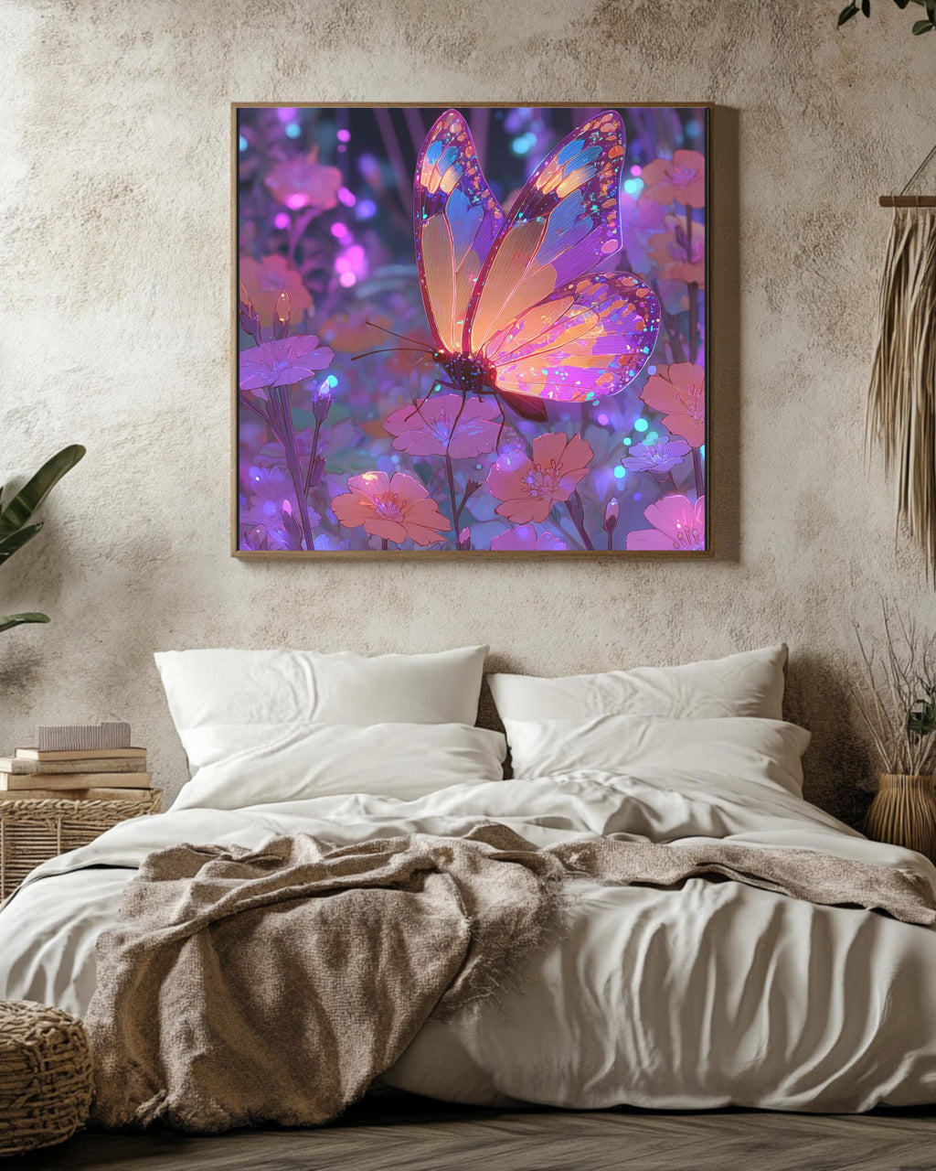 Vibrant Fantasy Butterfly Art on Purple Neon Background, Colorful Cartoon Aesthetic Poster, Whimsical Bright Insect Canvas