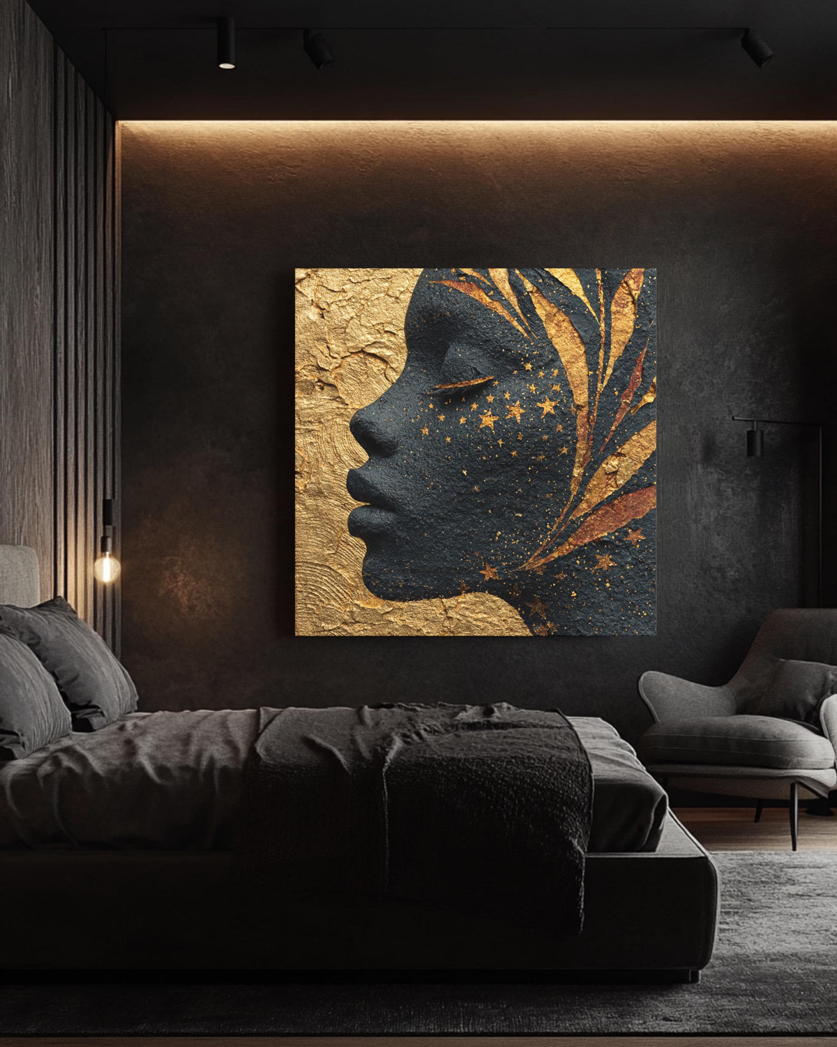 African Goddess Wall Art, Celestial Black Woman Portrait with Golden Stars, Ethereal Night Sky Skin Canvas, Gold Leaf Meditation Poster