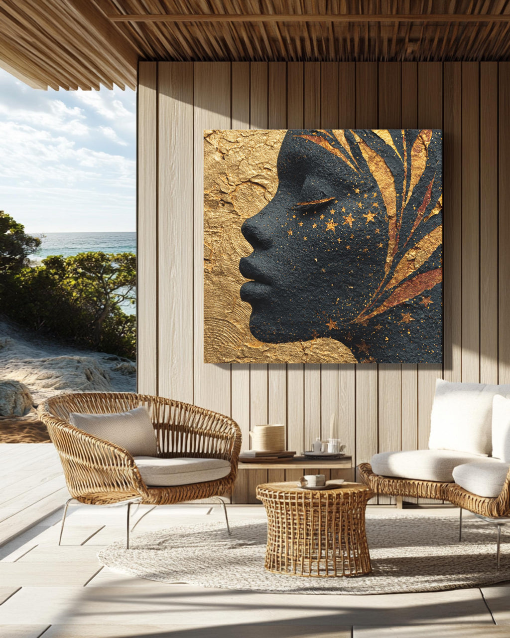 African Goddess Wall Art, Celestial Black Woman Portrait with Golden Stars, Ethereal Night Sky Skin Canvas, Gold Leaf Meditation Poster