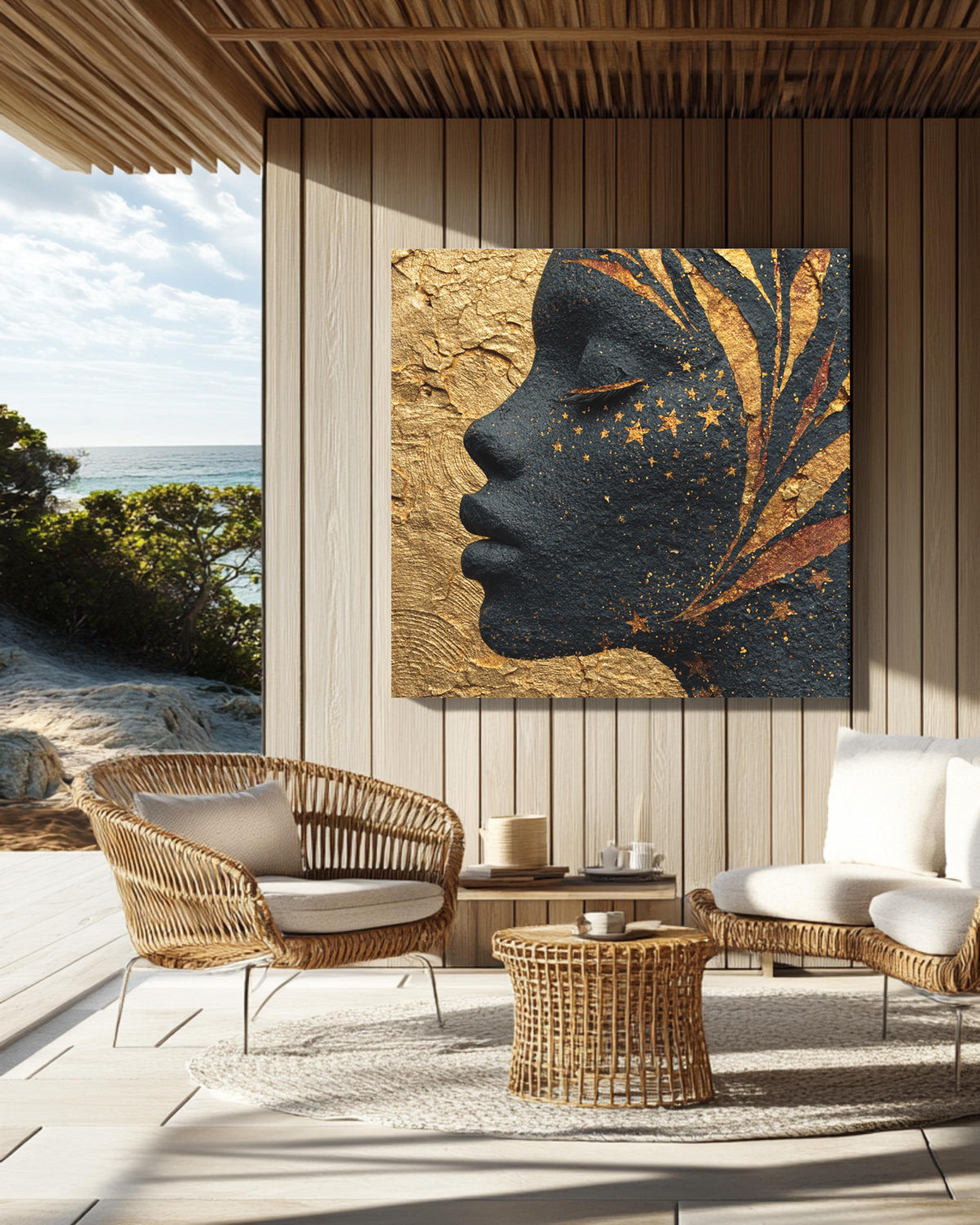 African Goddess Wall Art, Celestial Black Woman Portrait with Golden Stars, Ethereal Night Sky Skin Canvas, Gold Leaf Meditation Poster