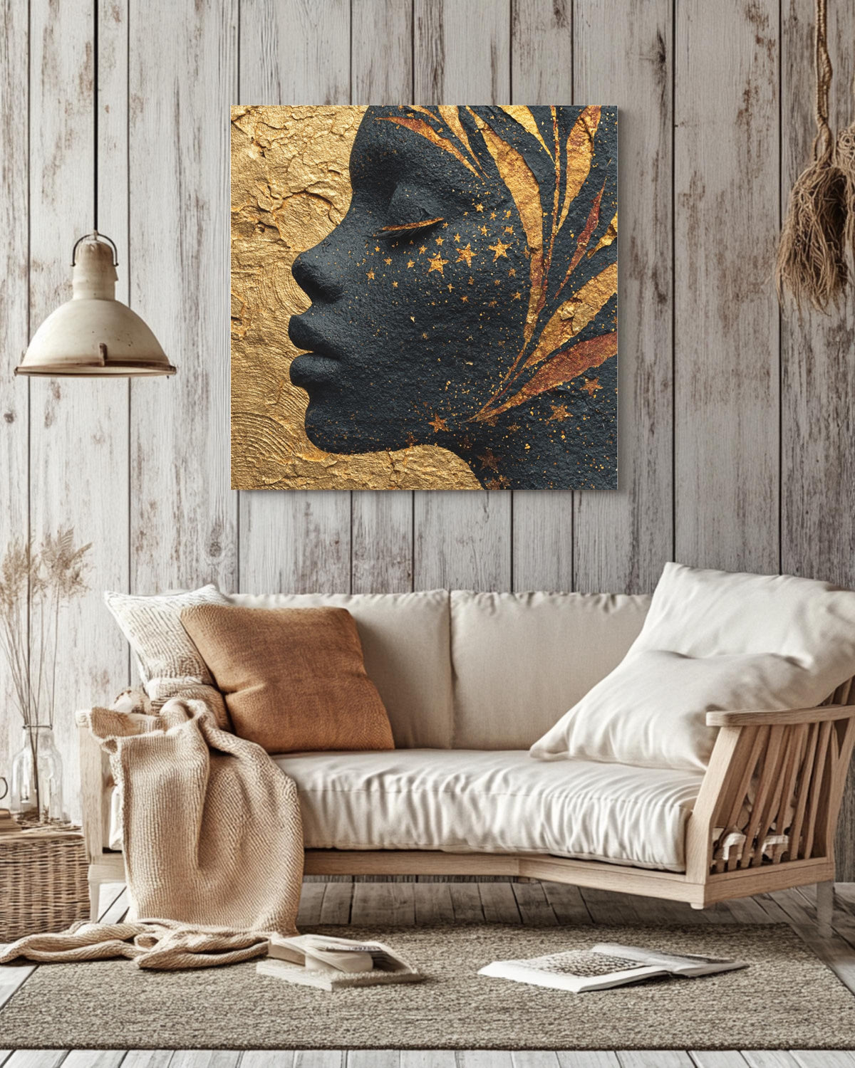 African Goddess Wall Art, Celestial Black Woman Portrait with Golden Stars, Ethereal Night Sky Skin Canvas, Gold Leaf Meditation Poster