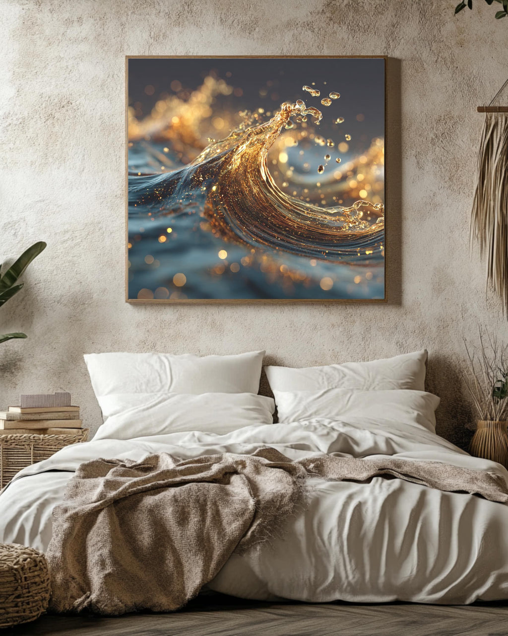 3D Liquid Splash Art Print, Golden Blue Fluid Motion Poster, Abstract Octane Render Canvas, Cinema 4D Digital Artwork