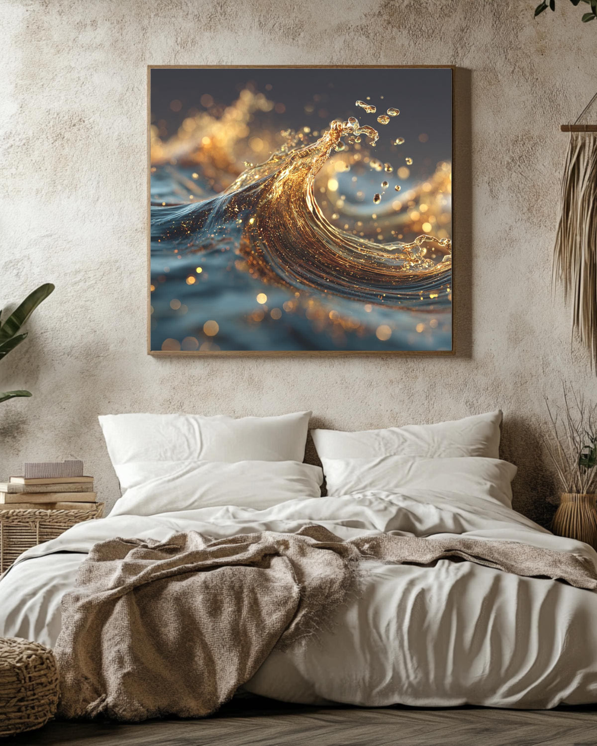 3D Liquid Splash Art Print, Golden Blue Fluid Motion Poster, Abstract Octane Render Canvas, Cinema 4D Digital Artwork