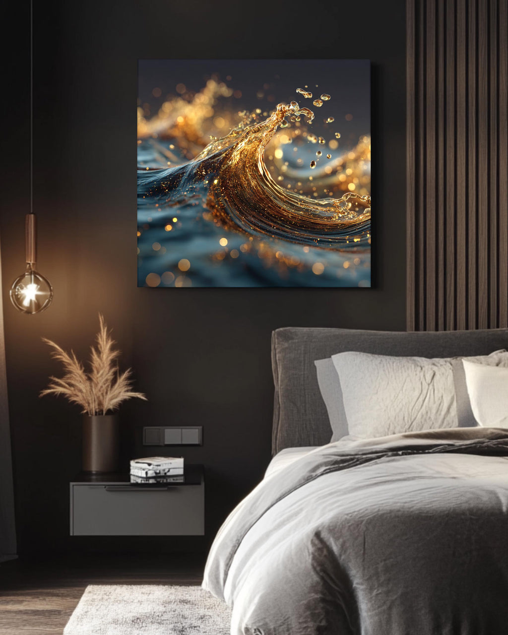 3D Liquid Splash Art Print, Golden Blue Fluid Motion Poster, Abstract Octane Render Canvas, Cinema 4D Digital Artwork