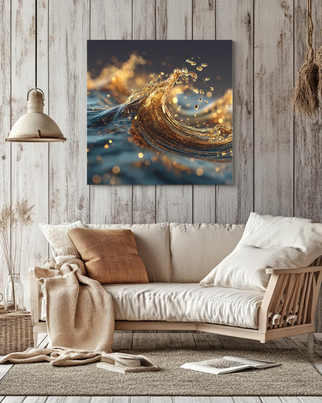3D Liquid Splash Art Print, Golden Blue Fluid Motion Poster, Abstract Octane Render Canvas, Cinema 4D Digital Artwork