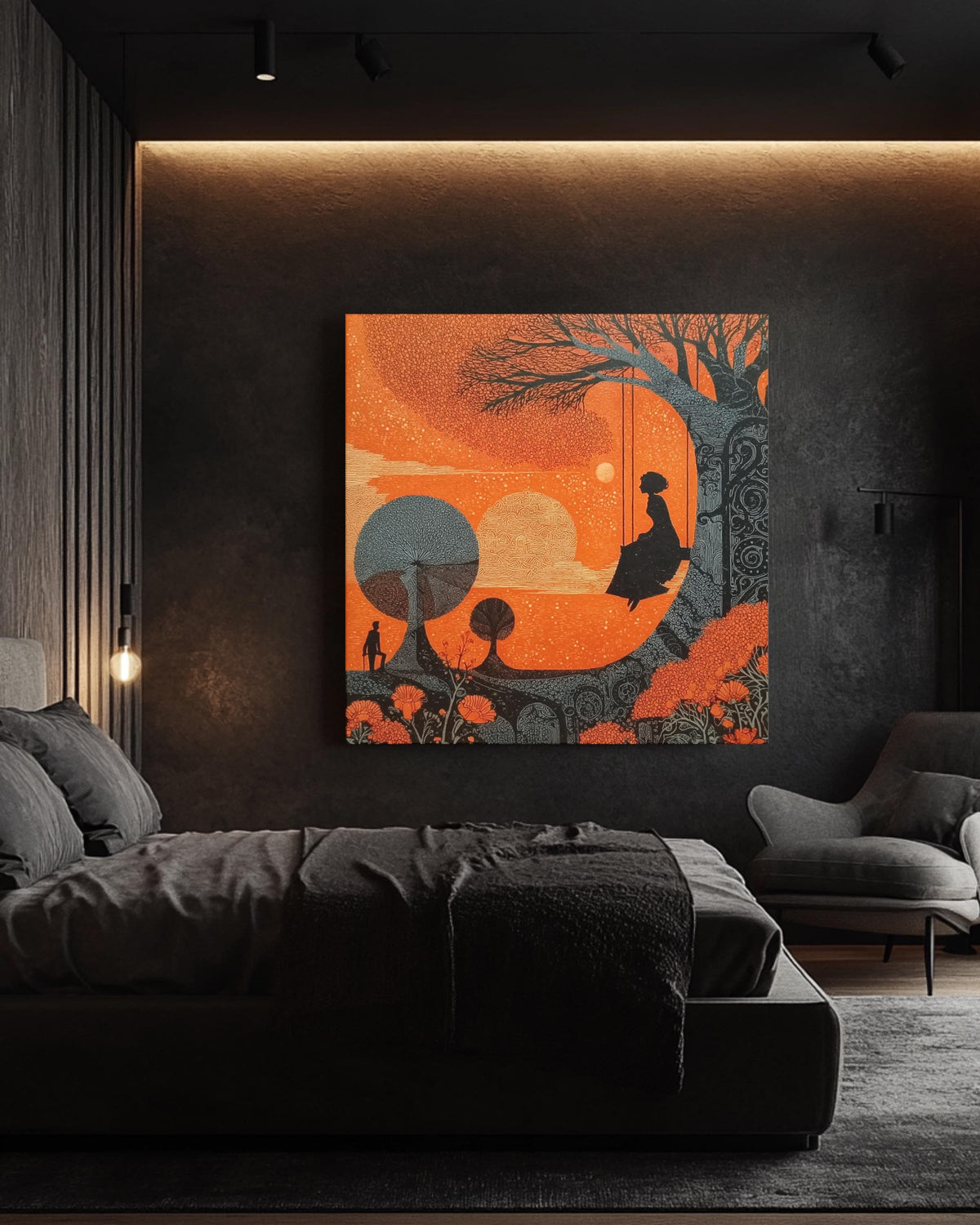 Surreal Folk Art Print  Boy on Swing, Klimt Inspired Linocut Style